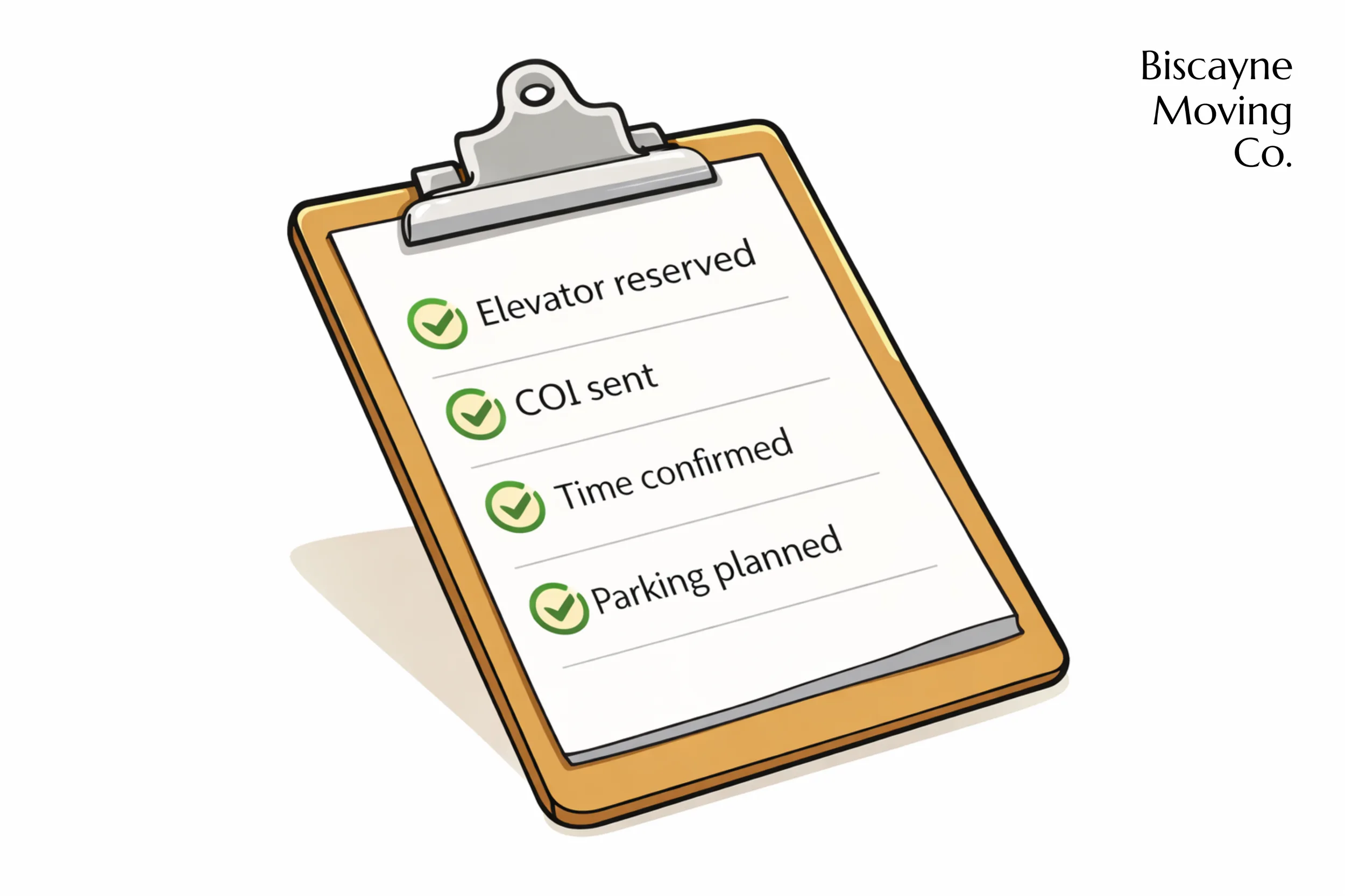 Illustrated moving checklist with COI, elevator and parking requirements