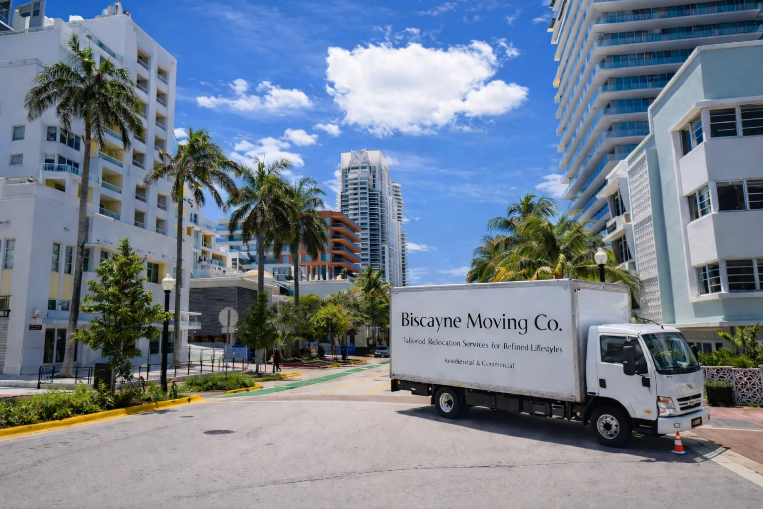Biscayne Moving Co. truck on a Miami street for a moving-time guide