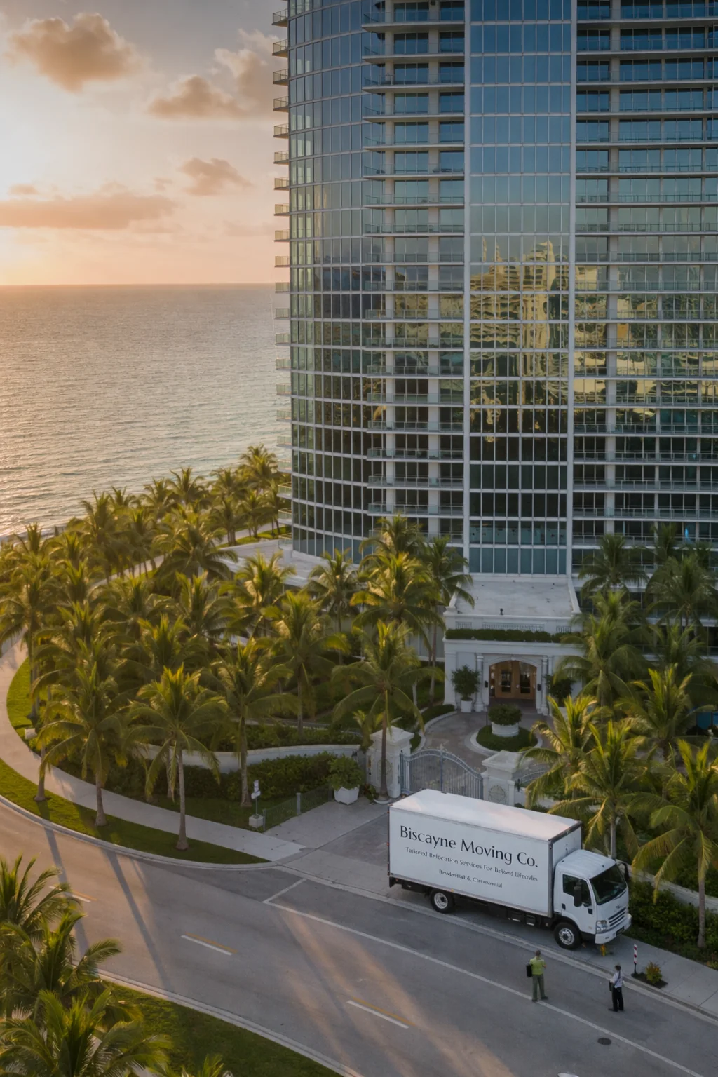 Biscayne Moving Co. truck driving through a palm-lined Miami neighborhood during a move in Miami Beach