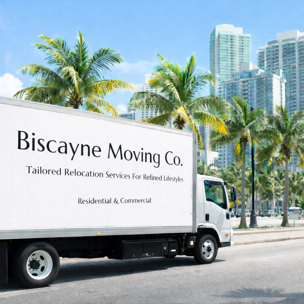 Biscayne Moving Co. truck parked on a palm-lined Miami street
