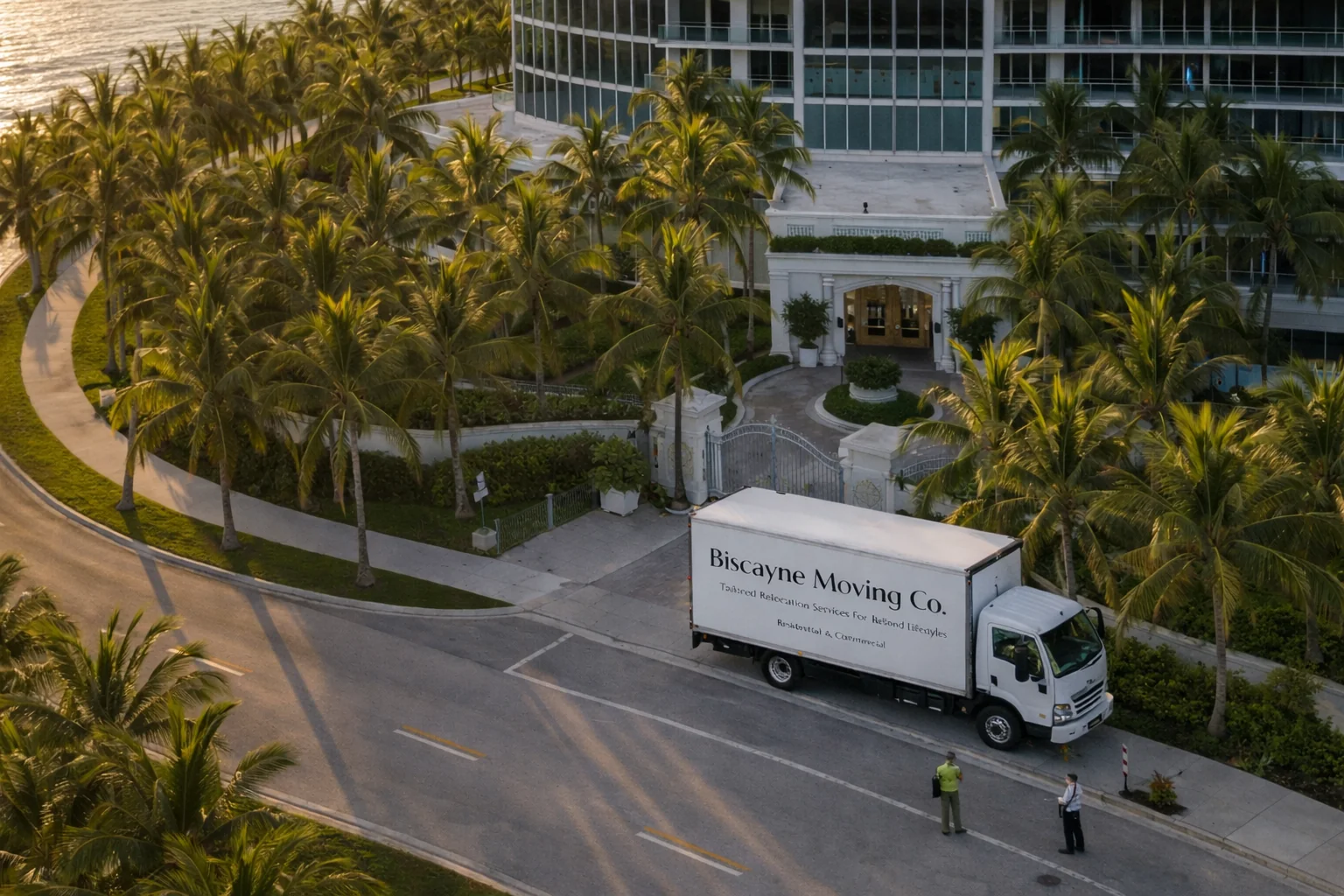 Biscayne Moving Co. truck on a palm-lined Miami street for a white-glove moving guide