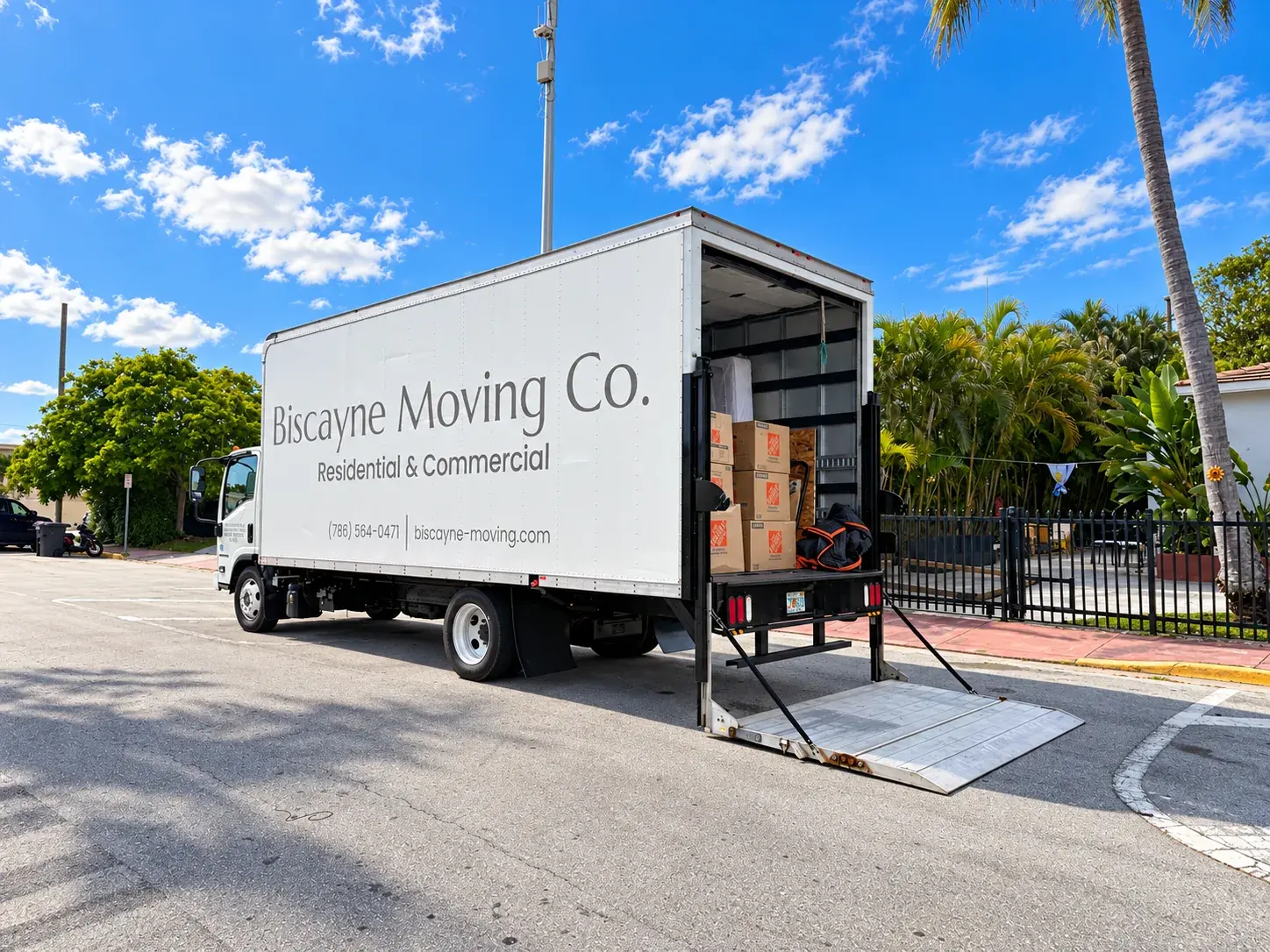 Biscayne Moving Co. truck with liftgate lowered during a North Miami Beach move