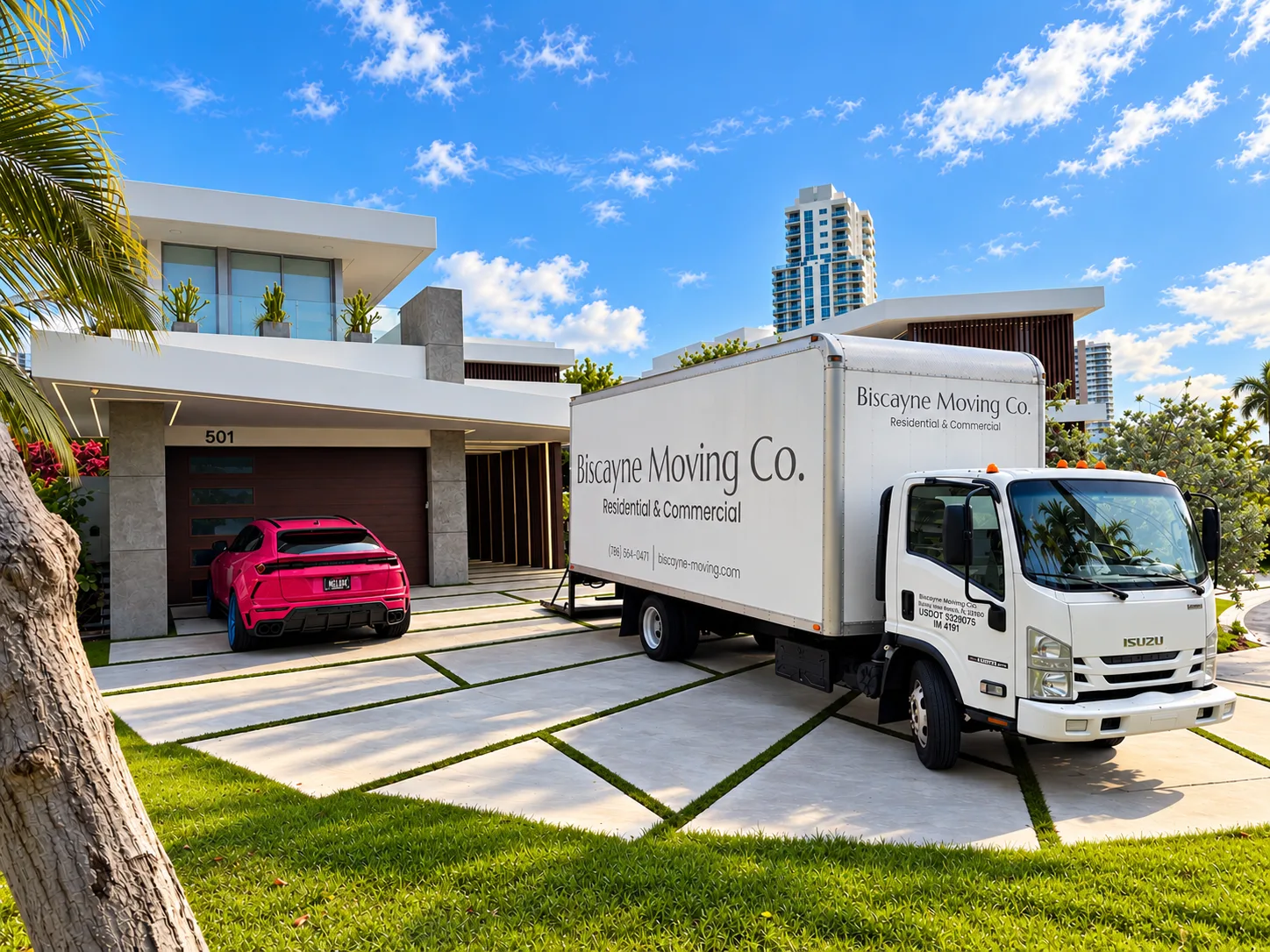 Biscayne Moving Co. truck parked in the driveway of a modern South Florida home during a residential move