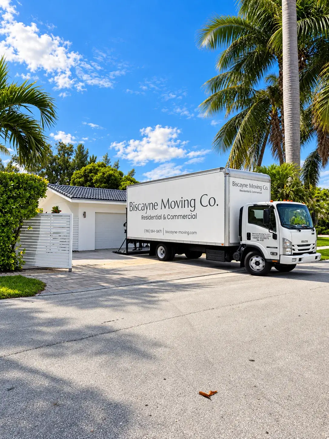 Biscayne Moving Co. truck parked in a Boca Raton home driveway