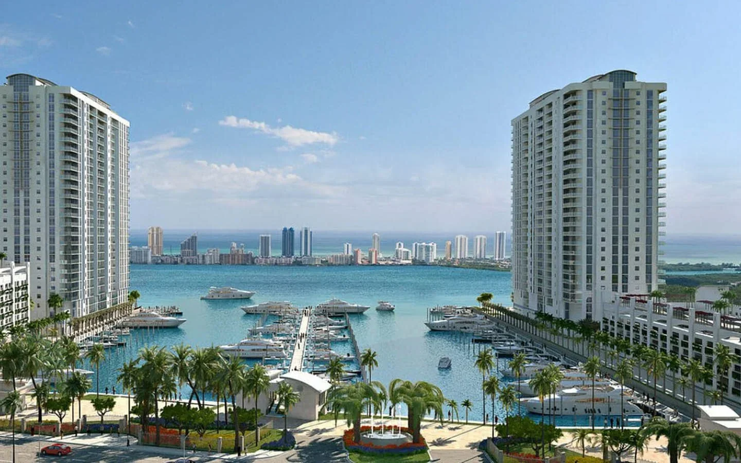 High-rise condos beside a yacht marina on the bay in North Miami Beach