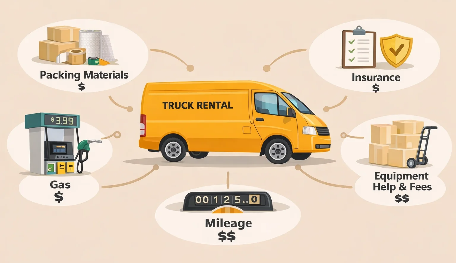 Illustration of rental truck fees, fuel, equipment and insurance costs
