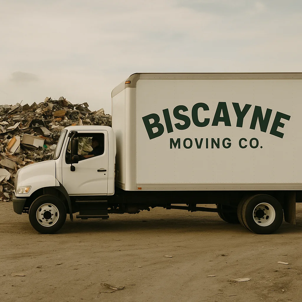 Moving truck beside a debris container during the Wynwood showroom project