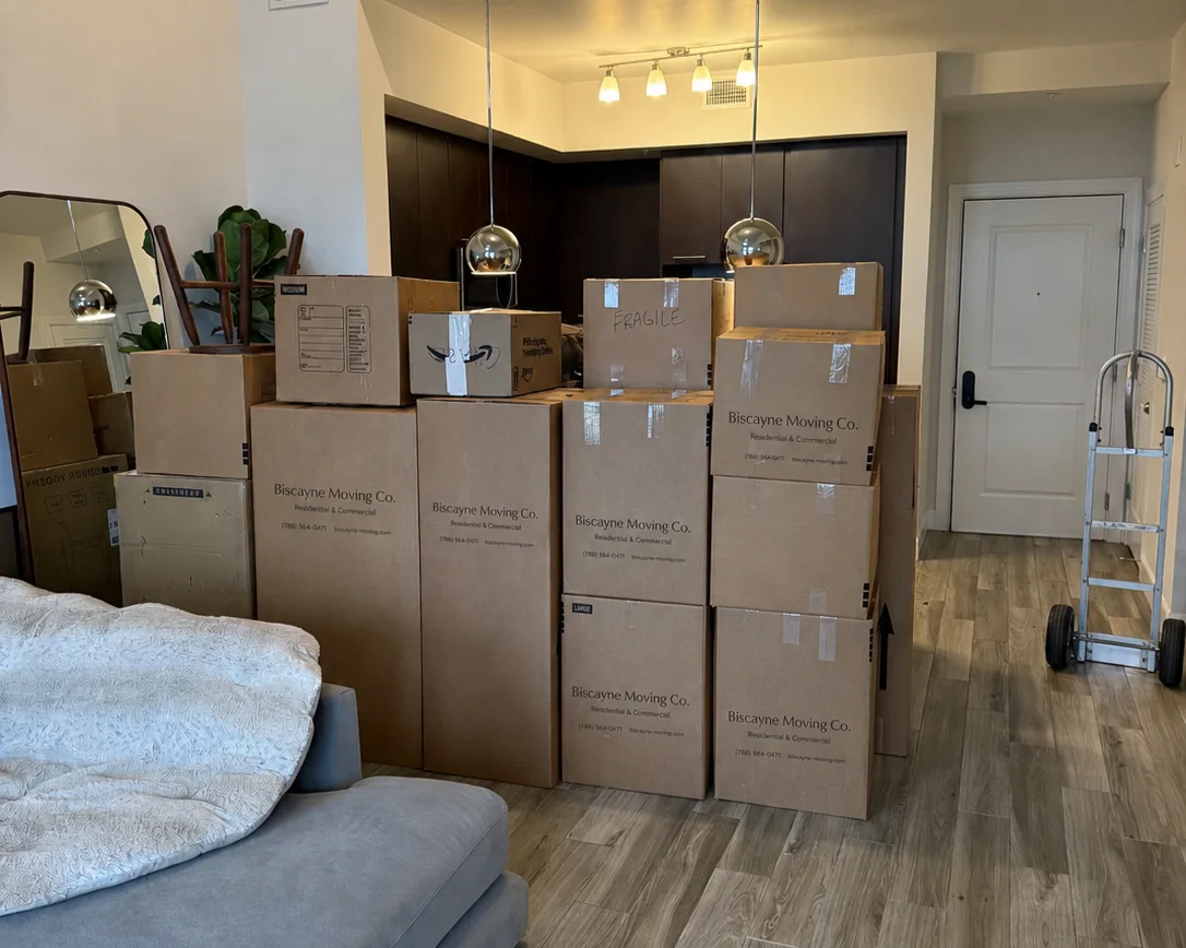 Biscayne Moving Co. boxes packed inside a Miami apartment