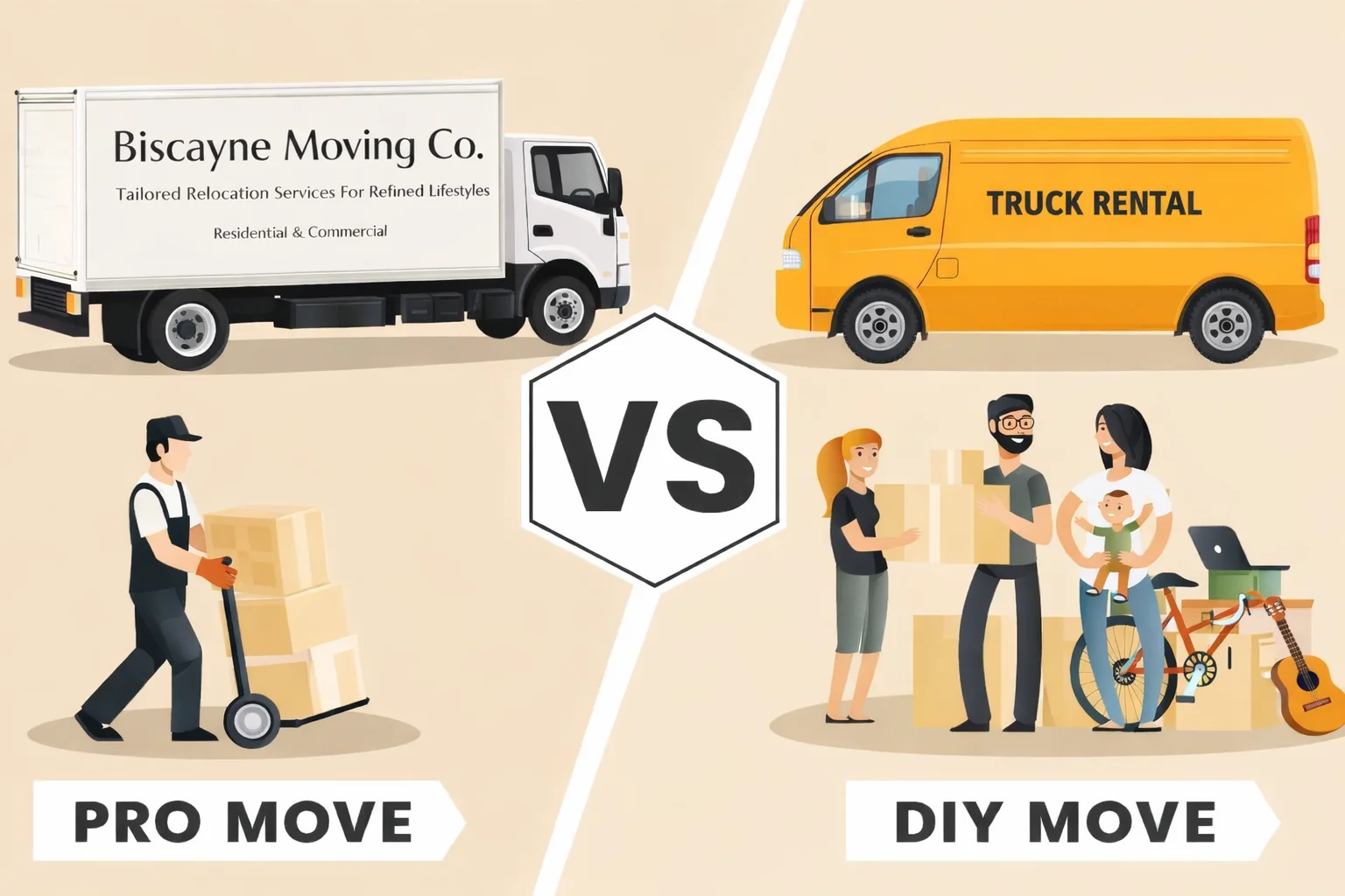 Illustration comparing professional movers and a DIY move in Miami